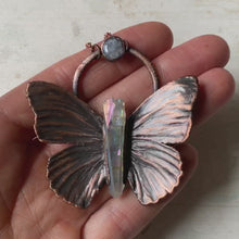 Load and play video in Gallery viewer, Electroformed Butterfly With Angel Aura Quartz &amp; Rainbow Moonstone Necklace - Ready to Ship
