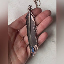 Load and play video in Gallery viewer, Electroformed Charcoal Grey Dove Feather &amp; Opal Necklace #1- Ready to Ship
