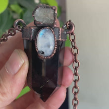 Load and play video in Gallery viewer, Smoky Quartz Polished Point with Raw Aquamarine &amp; Rainbow Moonstone Necklace - Ready to Ship
