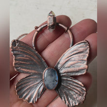 Load and play video in Gallery viewer, Electroformed Butterfly With Rainbow Moonstone &amp; Angel Aura Quartz Necklace - Ready to Ship
