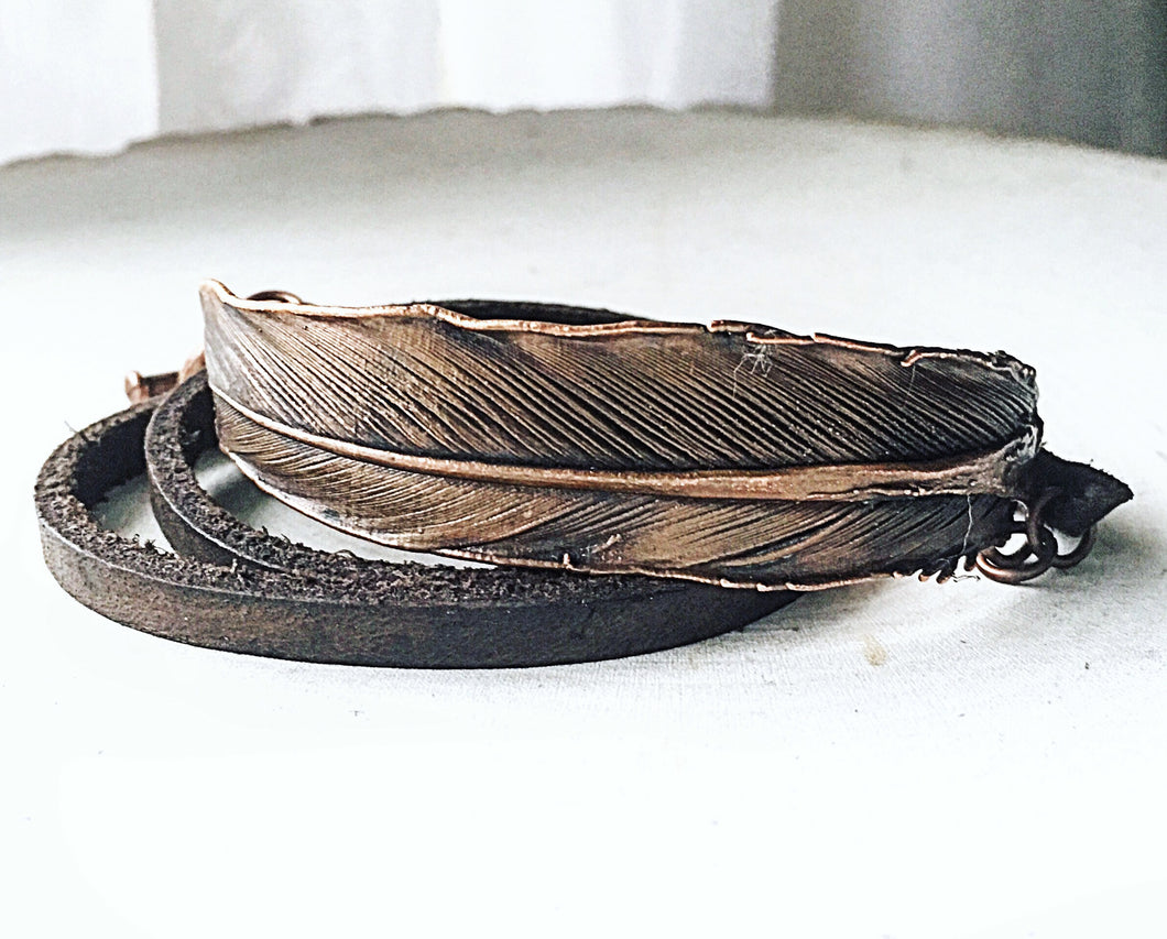 Electroformed Feather and Leather Wrap Bracelet - Made to Order