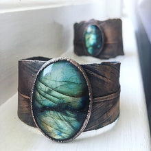 Load image into Gallery viewer, Labradorite and Electroformed Feather Cuff Bracelet - Made to Order
