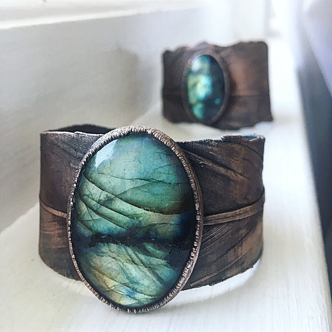 Labradorite and Electroformed Feather Cuff Bracelet - Made to Order