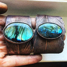Load image into Gallery viewer, Labradorite and Electroformed Feather Cuff Bracelet - Made to Order
