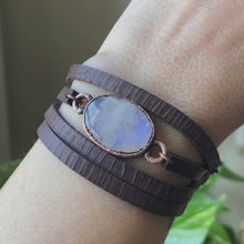Load and play video in Gallery viewer, Rainbow Moonstone &amp; Leather Wrap Bracelet/Choker #1 - Ready to Ship
