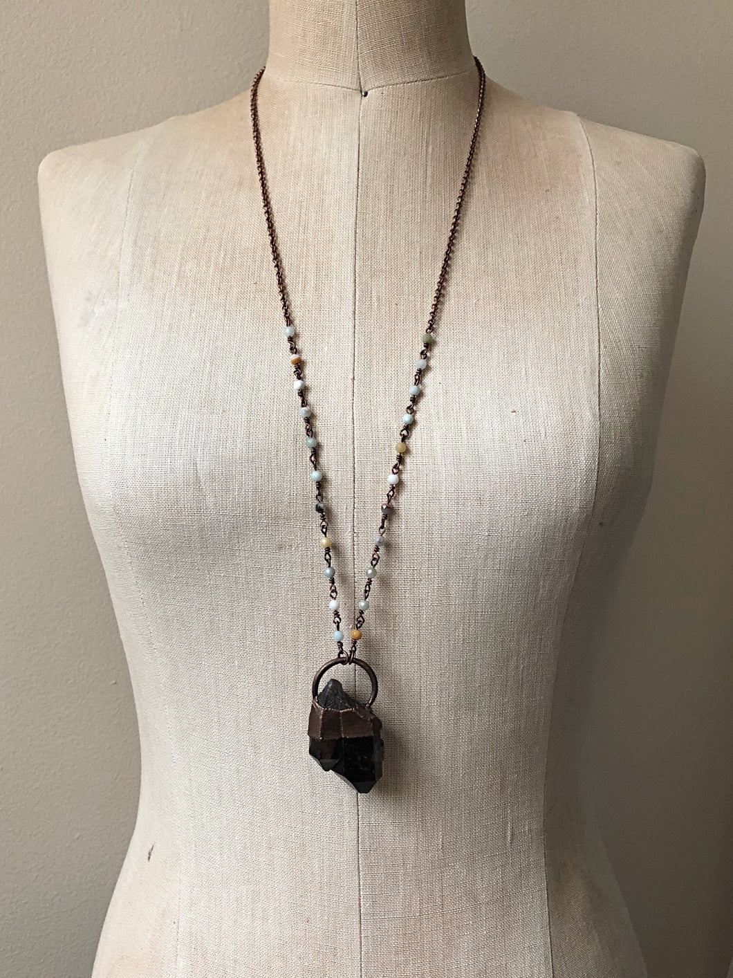 Raw Smoky Quartz Twin Point Necklace with Amazonite Accented Chain (Satya Collection)