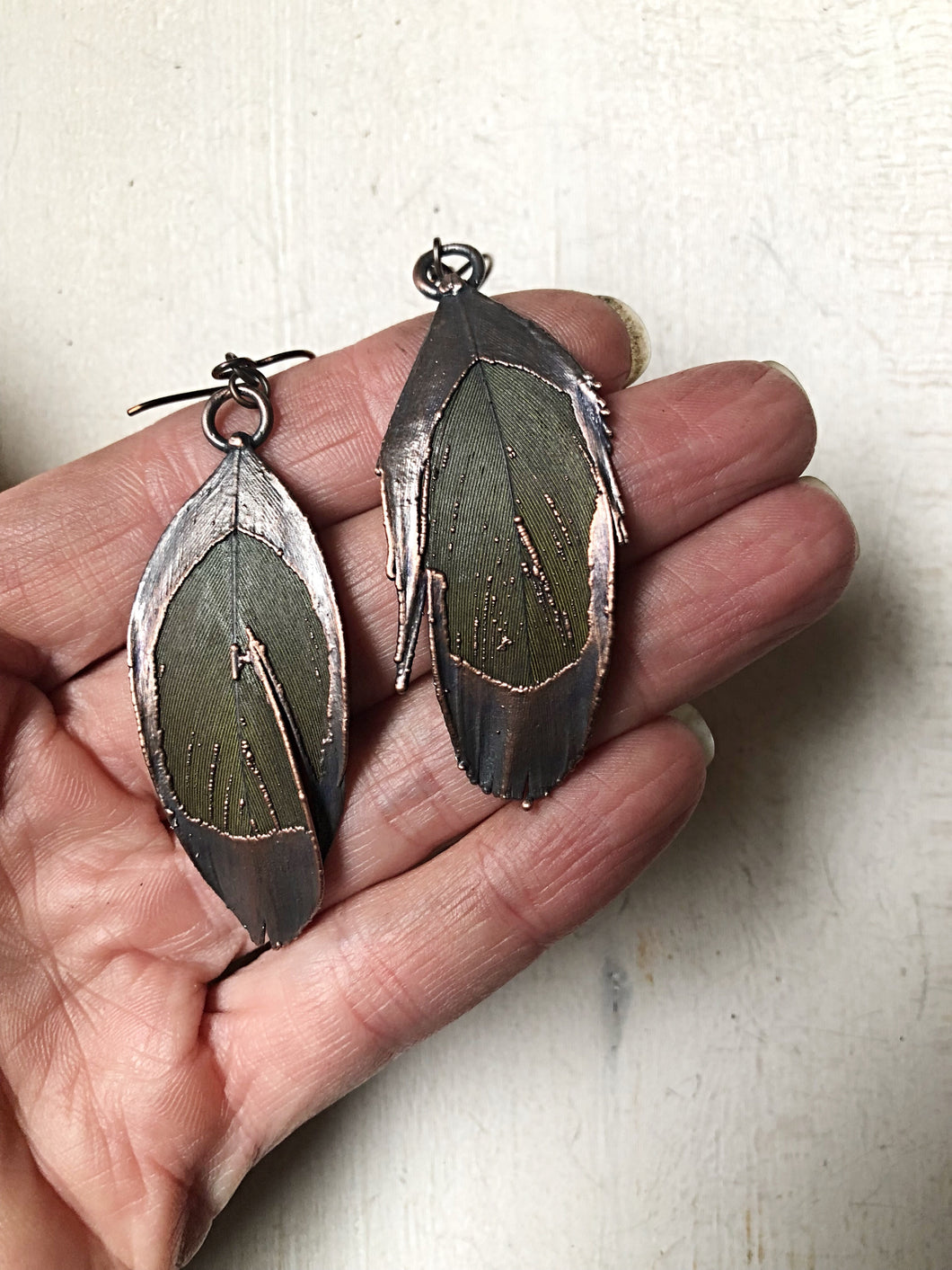 Electroformed Green Macaw Feather Earrings - Ready to Ship