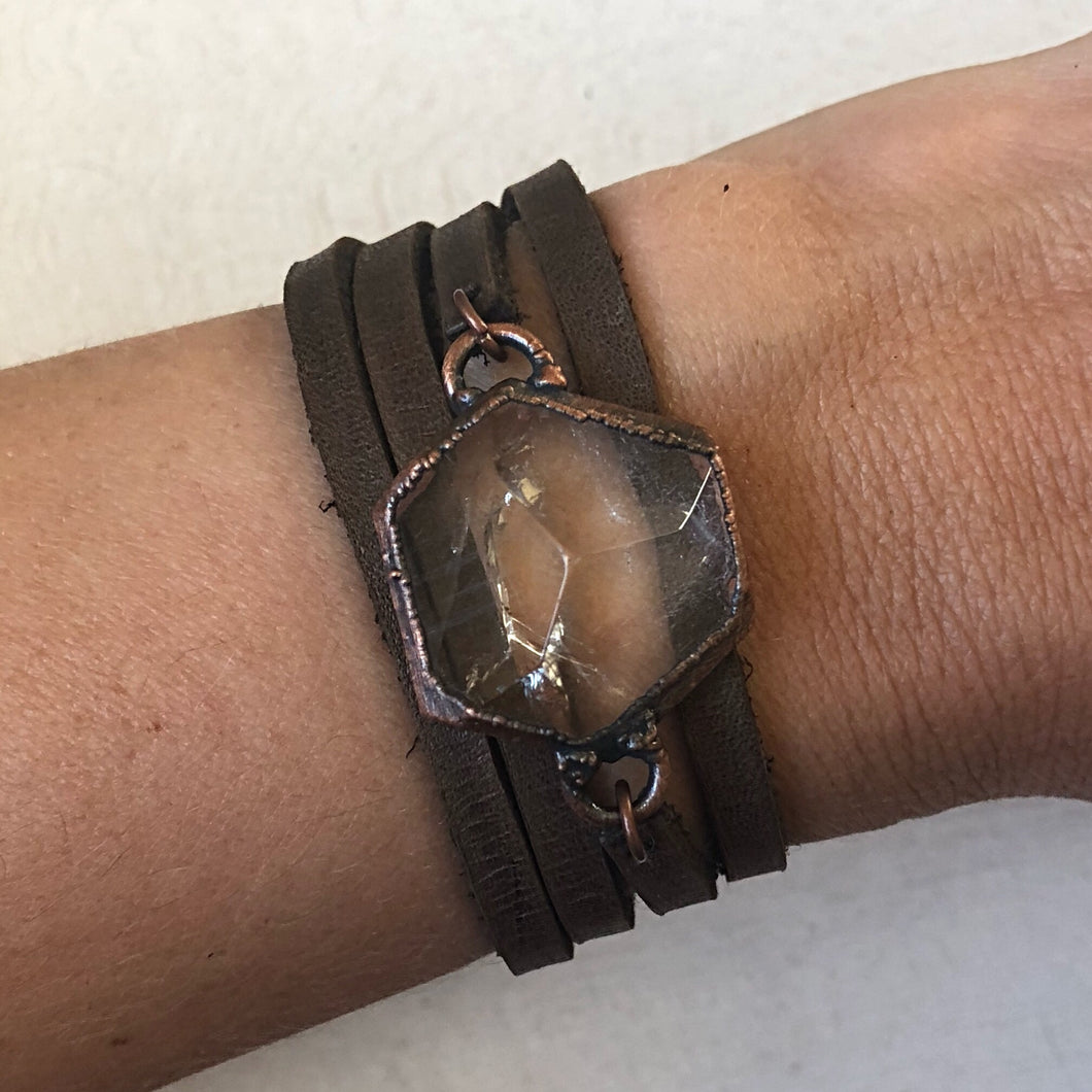 Clear Quartz Hexagon and Leather Wrap Bracelet/Choker