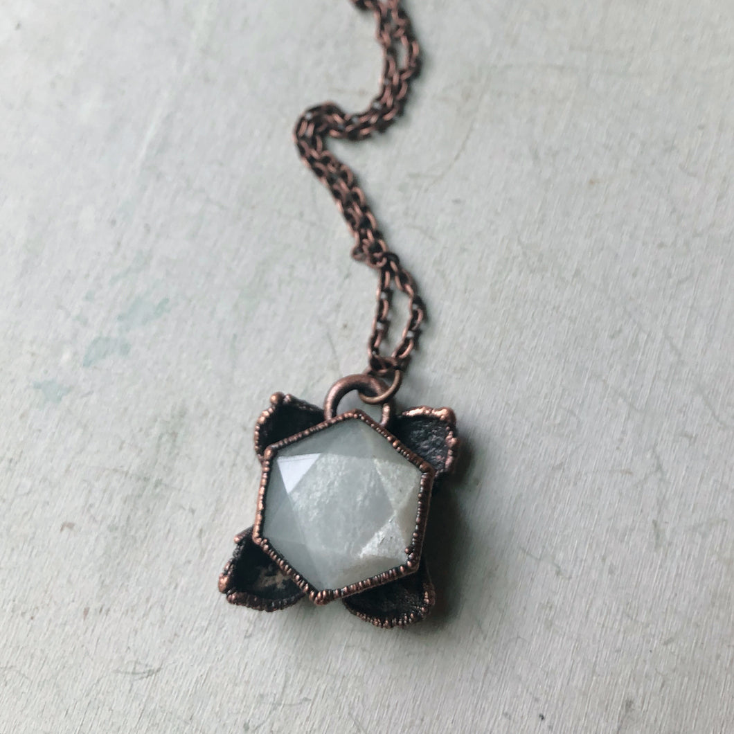 White Moonstone Hexagon and Hydrangea Necklace #2 - Ready to Ship