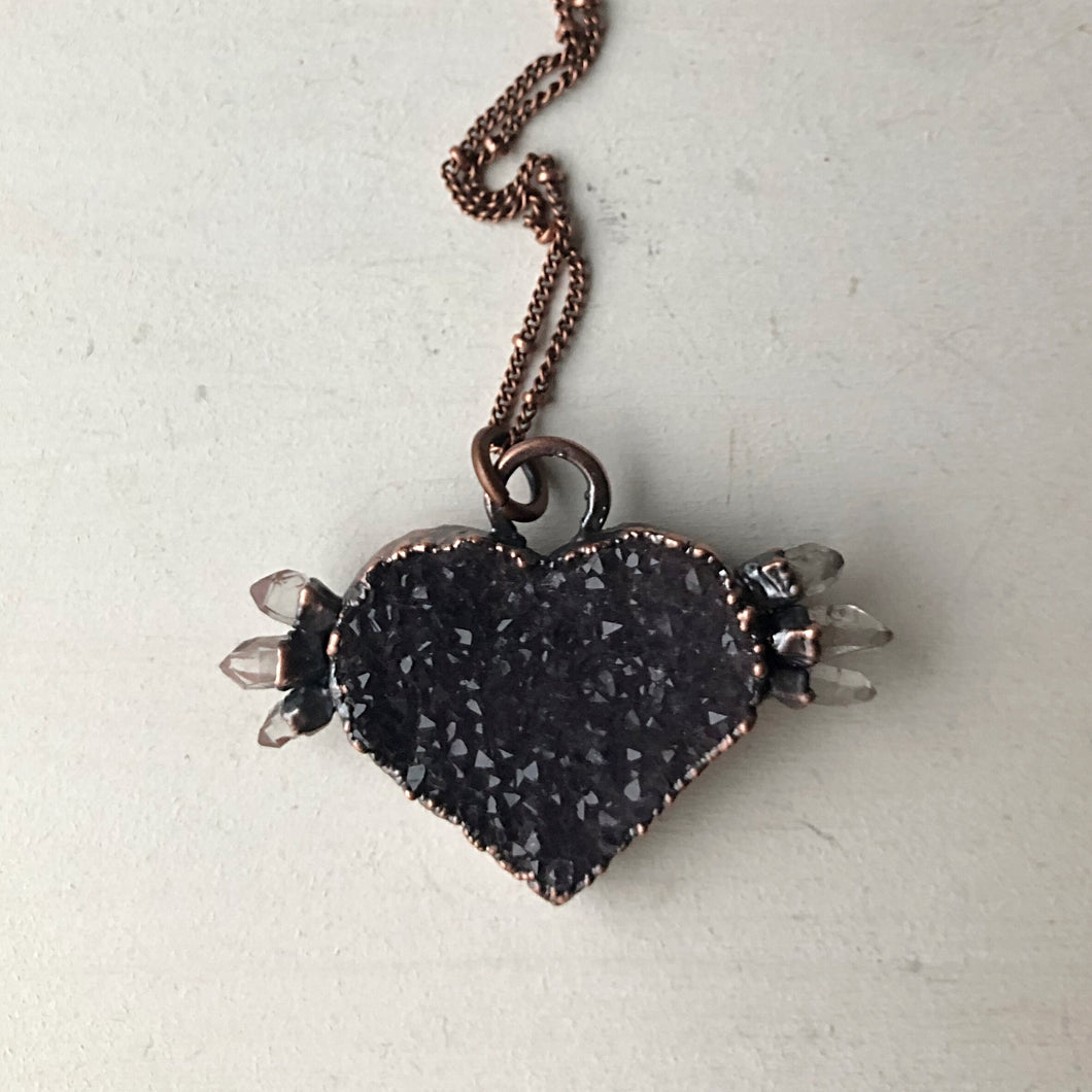 Dark Amethyst Druzy & Clear Quartz Point Tell Tale Heart Necklace #2