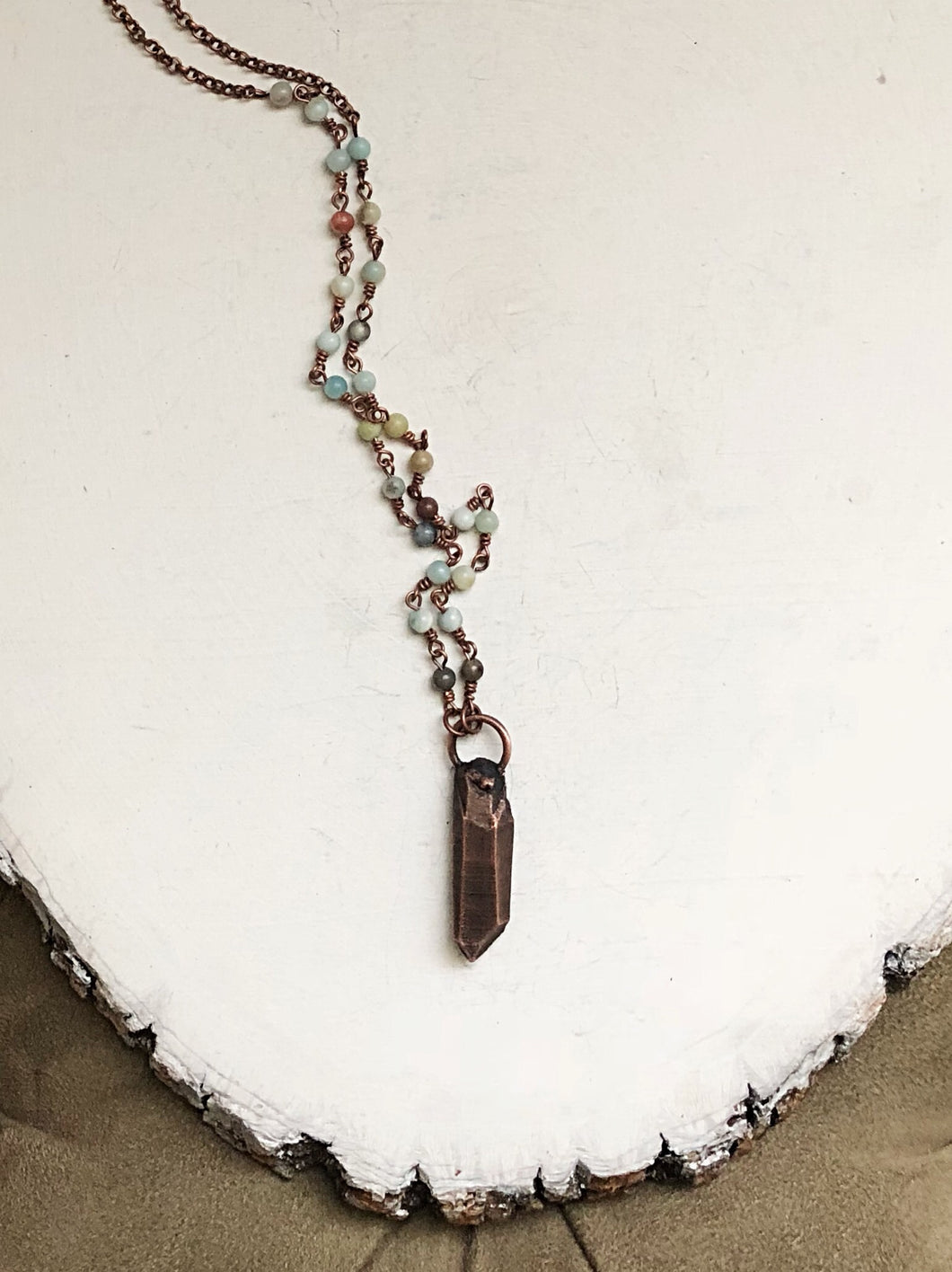 Copper Crystal Point Necklace on Aged Copper & Amazonite Rosary Chain - Ready to Ship (5/17 Update)