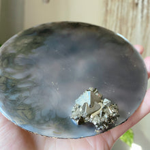Load image into Gallery viewer, Large Gold Crescent Moon Scrying Mirror with Pyrite Cluster - Ready to Ship

