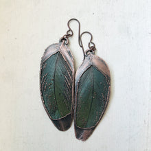 Load image into Gallery viewer, Electroformed Green Macaw Feather Earrings #1 - Ready to Ship
