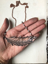 Load image into Gallery viewer, Electroformed Wild Feather &amp; Rainbow Moonstone Necklace with Amazonite Accent Chain (Horizontal Style) - Moksha Collection
