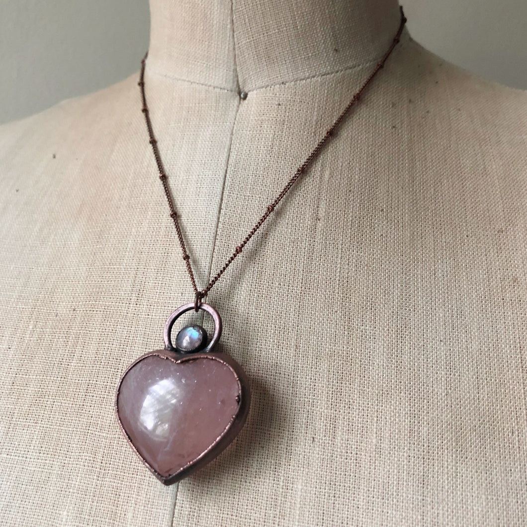 Rose Quartz Heart & Rainbow Moonstone Necklace