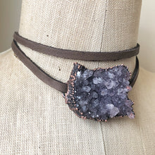 Load image into Gallery viewer, Amethyst Cluster and Leather Wrap Bracelet/Choker (large)- Made to Order
