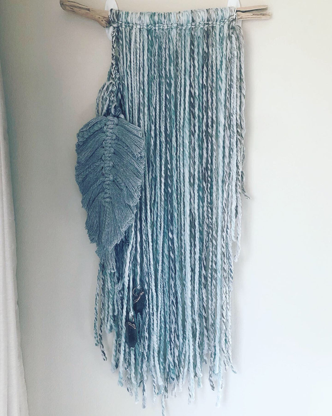 Full Moon in Virgo Wall Hanging with Macrame Feather and Raw Smoky Quartz Points - Ready to Ship