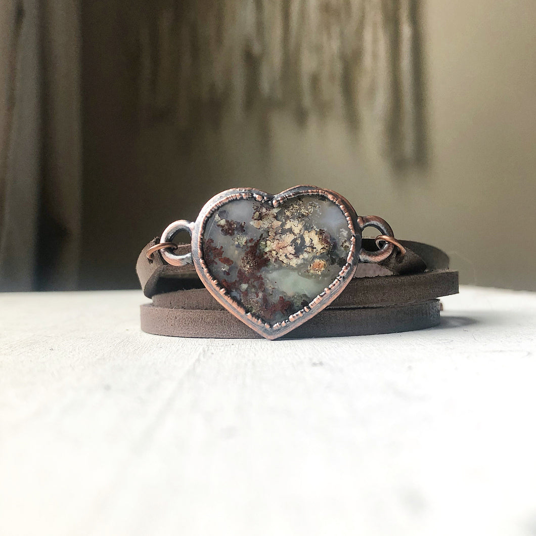 Moss Agate Heart and Leather Wrap Bracelet/Choker #1 - Ready to Ship