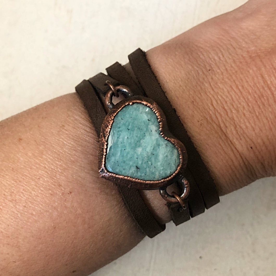 Amazonite Heart and Leather Wrap Bracelet/Choker