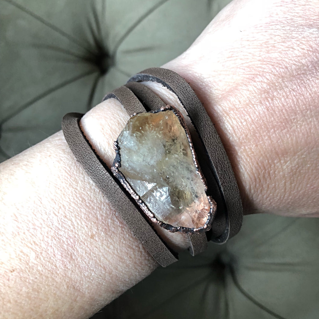 Raw Citrine and Leather Wrap Bracelet/Choker - Ready to Ship