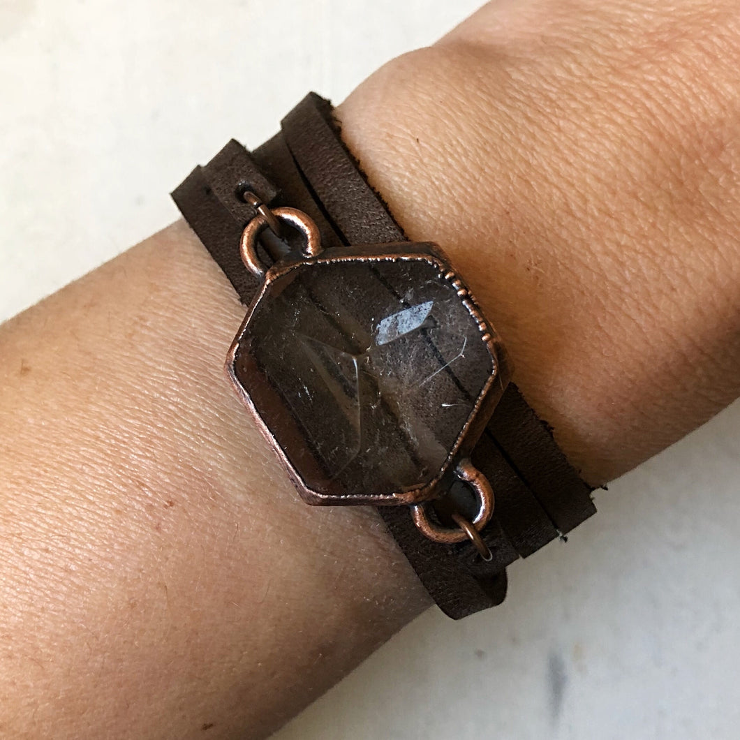 Clear Quartz Hexagon and Leather Wrap Bracelet/Choker