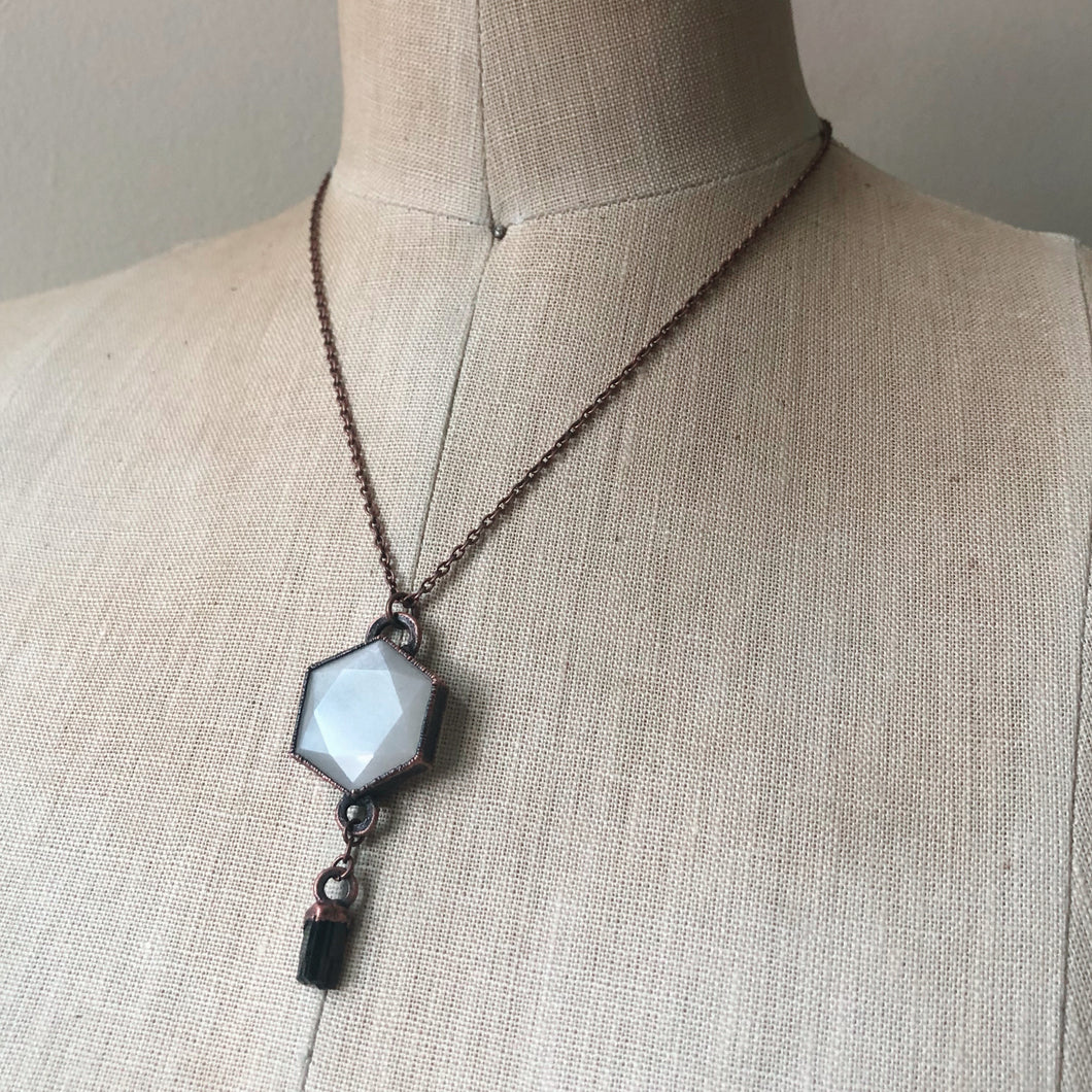 White Moonstone Hexagon and Dravite Necklace #3 - Ready to Ship