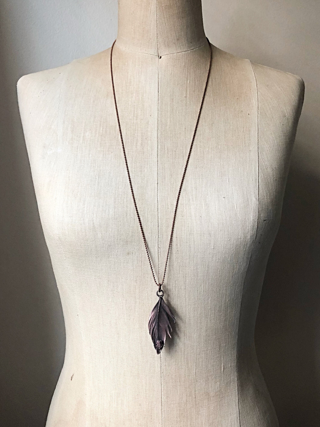 Electroformed Feather Necklace with Raw Ruby Accent (Ready to Ship) - Darkness Calling Collection