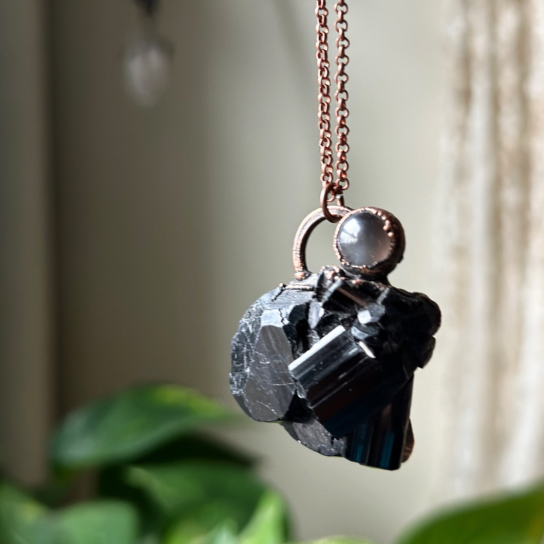 Black Tourmaline Necklace with Grey Moonstone - Ready to Ship