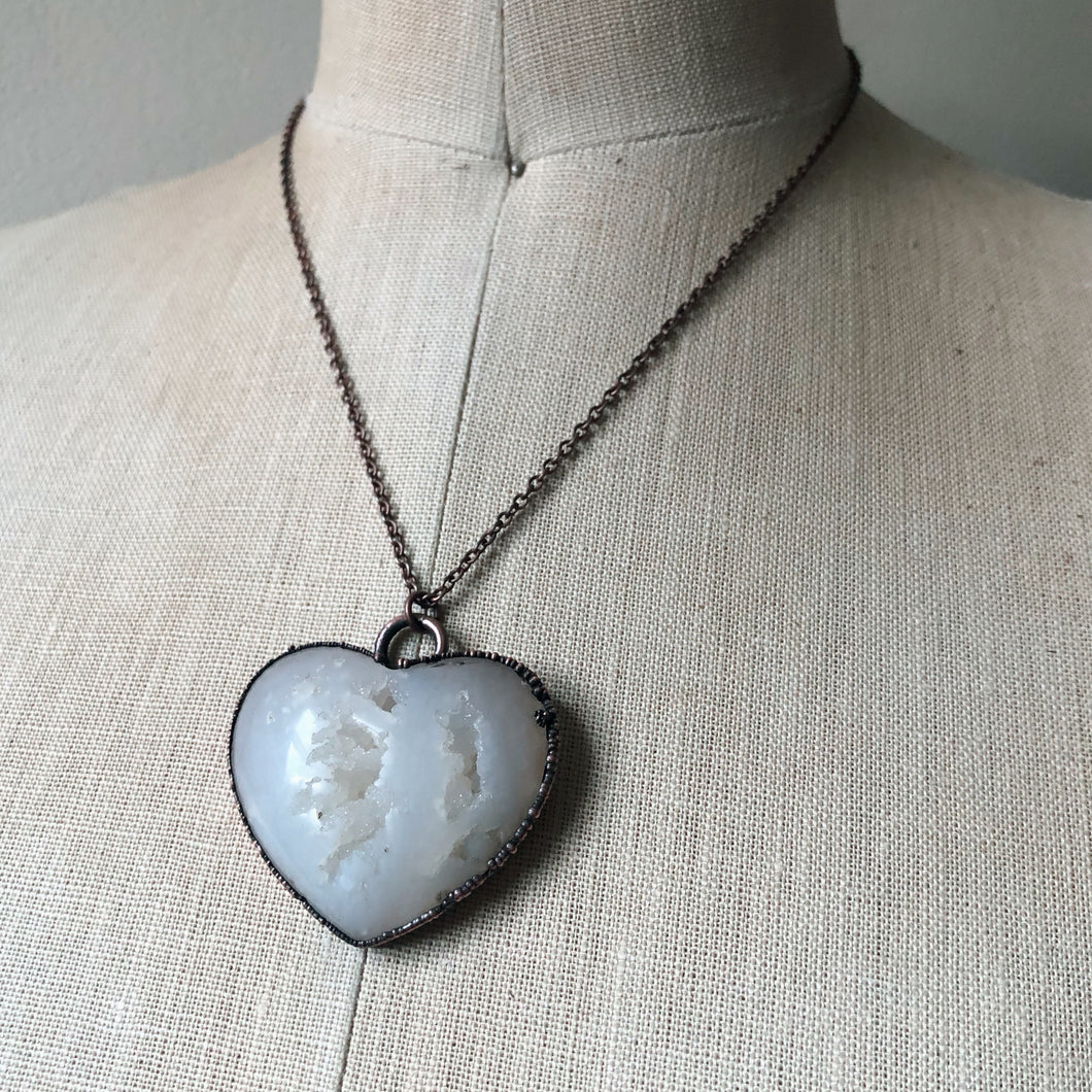 White Agate Druzy “Broken Open” Heart Necklace #2 - Ready to Ship