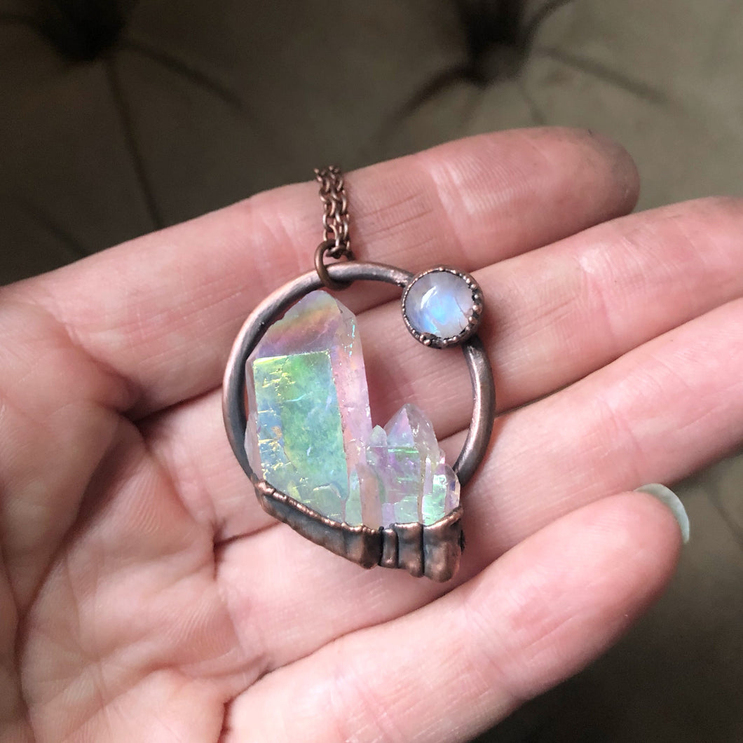 Angel Aura Cluster with Rainbow Moonstone Necklace  - Ready to Ship