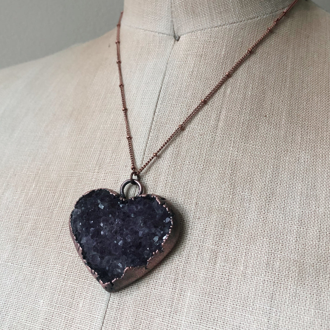 Dark Amethyst Druzy Heart Necklace #7 - Ready to Ship