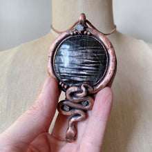 Load image into Gallery viewer, Hypersthene, Clear Quartz Druzy &amp; Sculpted Snake Black Moon Lilith Necklace - Ready to Ship
