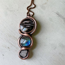 Load image into Gallery viewer, Hypersthene, Labradorite, Clear Quartz Druzy &amp; Sculpted Snake Black Moon Lilith Necklace - Ready to Ship
