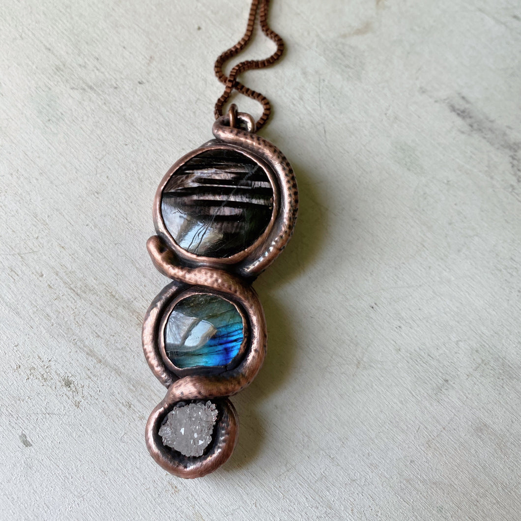 Hypersthene, Labradorite, Clear Quartz Druzy & Sculpted Snake Black Moon Lilith Necklace - Ready to Ship