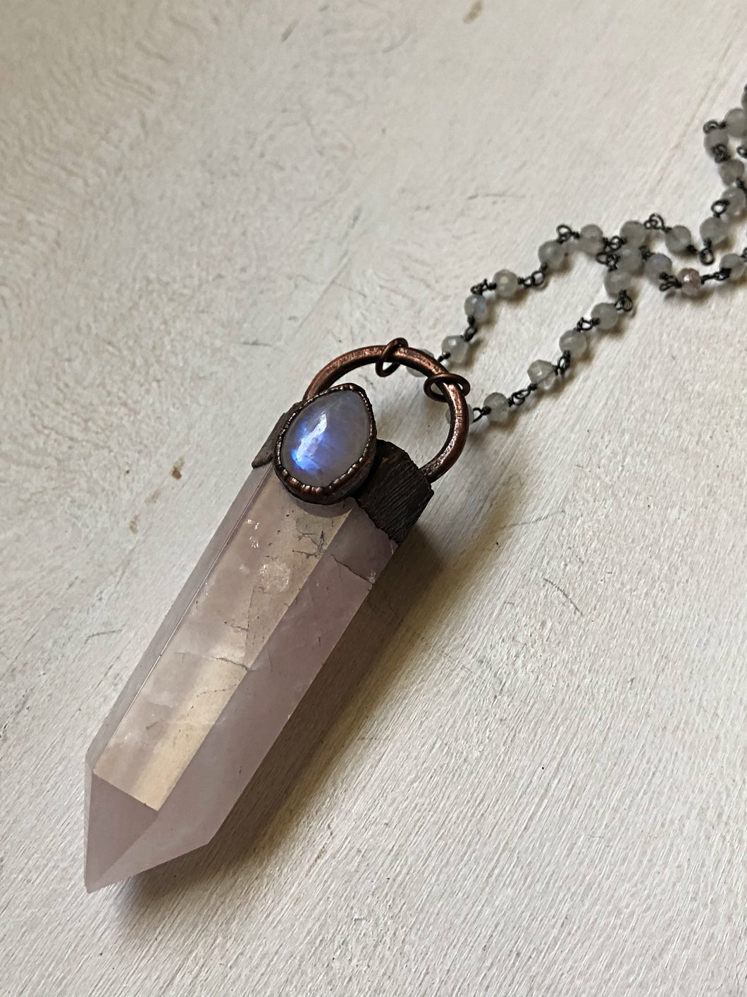 Rose Quartz Point with Rainbow Moonstone Necklace - Ready to Ship (Flower Moon Collection)