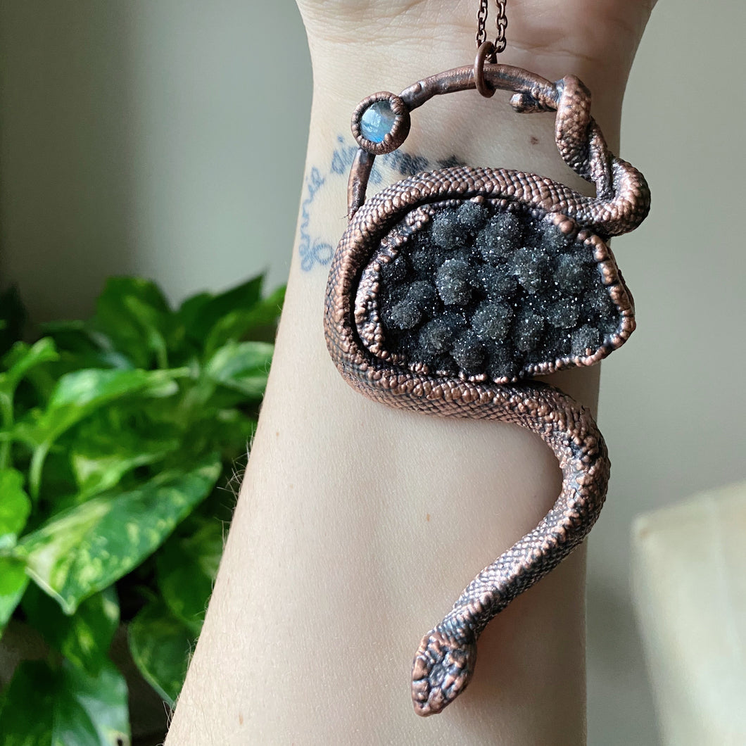 Electroformed Snake, Black Druzy & Rainbow Moonstone Necklace - Ready to Ship