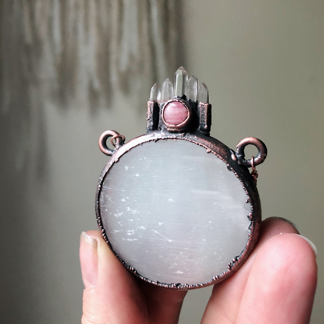 Selenite Moon with Rhodochrosite & Clear Quartz Necklace - Ready to Ship