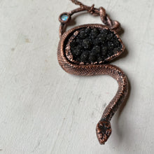 Load image into Gallery viewer, Electroformed Snake, Black Druzy &amp; Rainbow Moonstone Necklace - Ready to Ship
