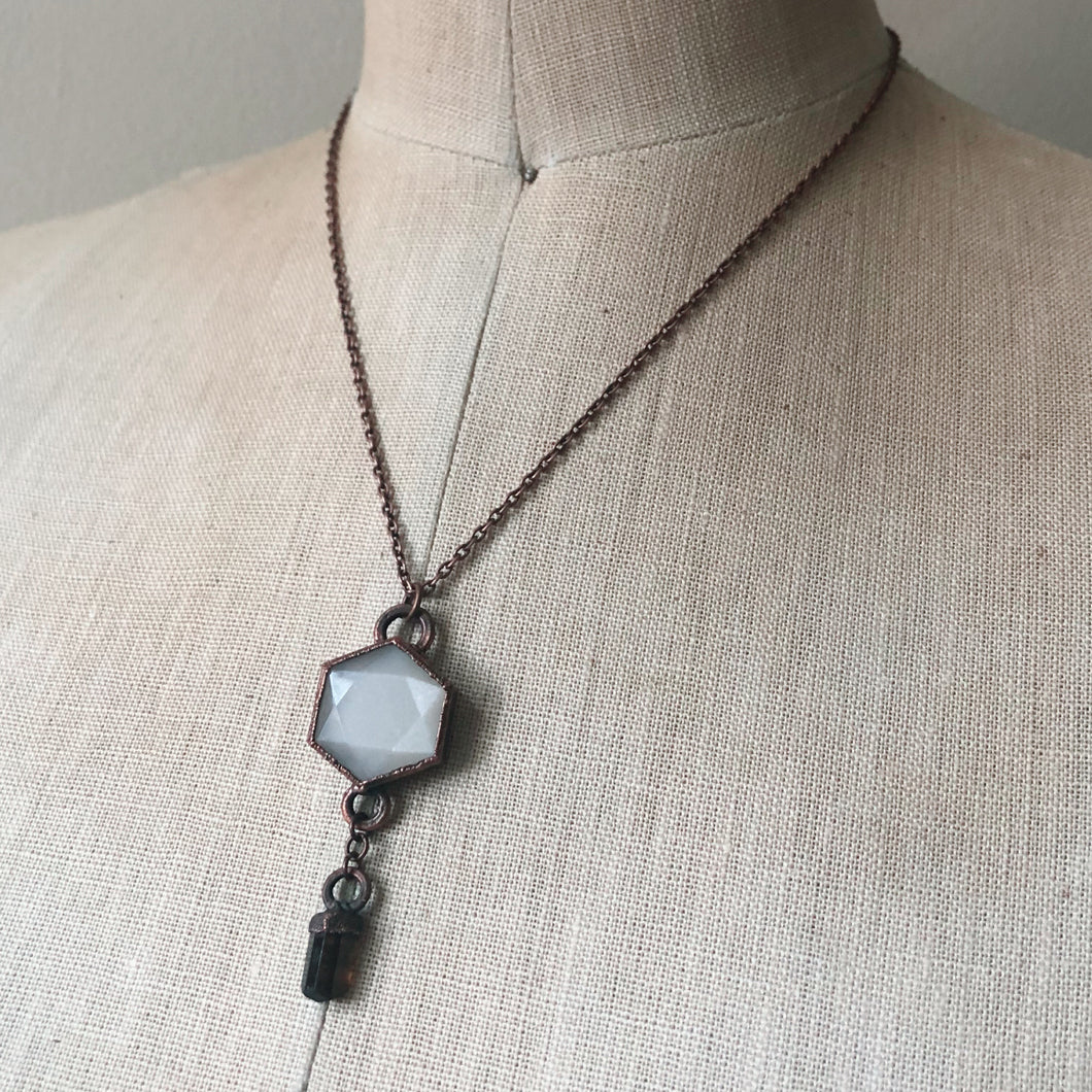 White Moonstone Hexagon and Dravite Necklace #1 - Ready to Ship