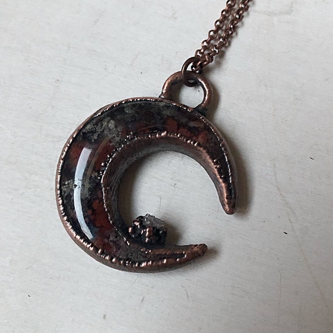 Moss Agate Crescent Moon with Druzy Accentl Necklace #1 - Ready to Ship