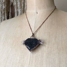 Load image into Gallery viewer, Dark Amethyst Druzy &amp; Clear Quartz Point Tell Tale Heart Necklace #1
