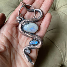 Load image into Gallery viewer, Electroformed Snake with Rainbow Moonstone &amp; Raw Clear Quartz Necklace - Ready to Ship
