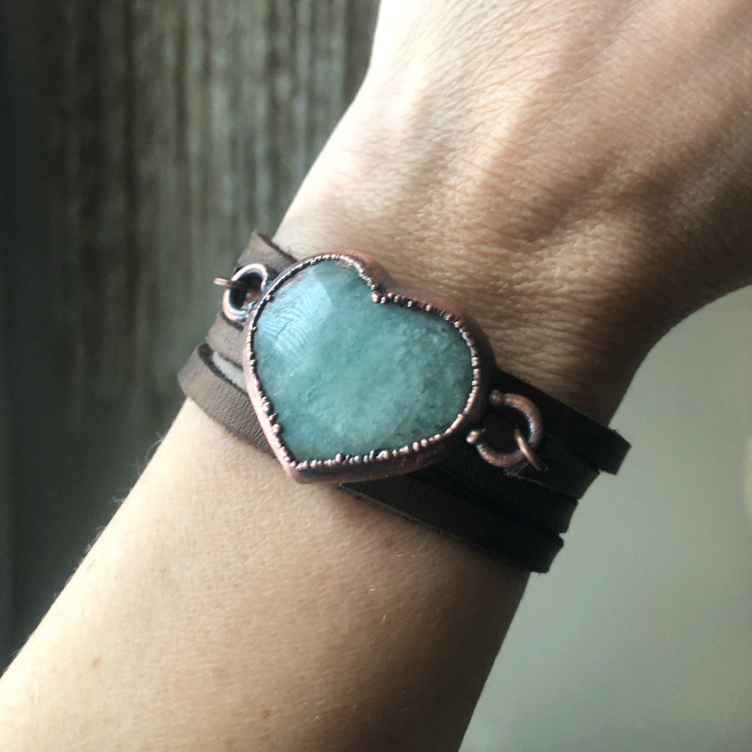 Amazonite Heart and Leather Wrap Bracelet/Choker - Made to Order