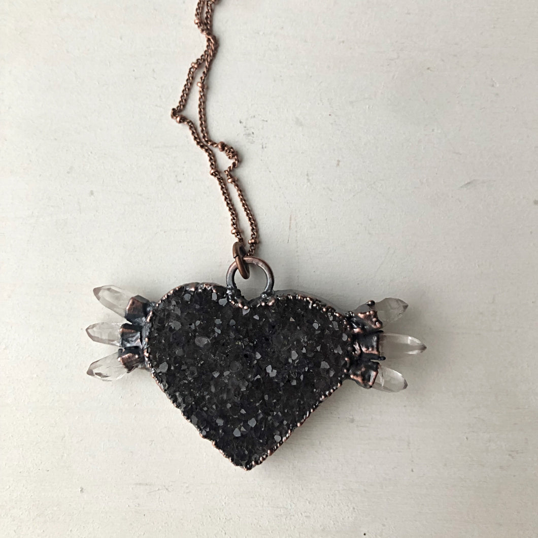Dark Amethyst Druzy & Clear Quartz Point Tell Tale Heart Necklace #3