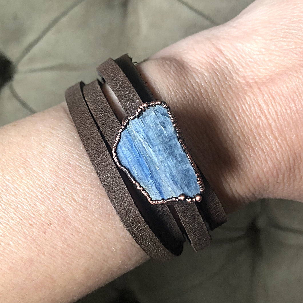 Raw Blue Kyanite and Leather Wrap Bracelet/Choker - Ready to Ship