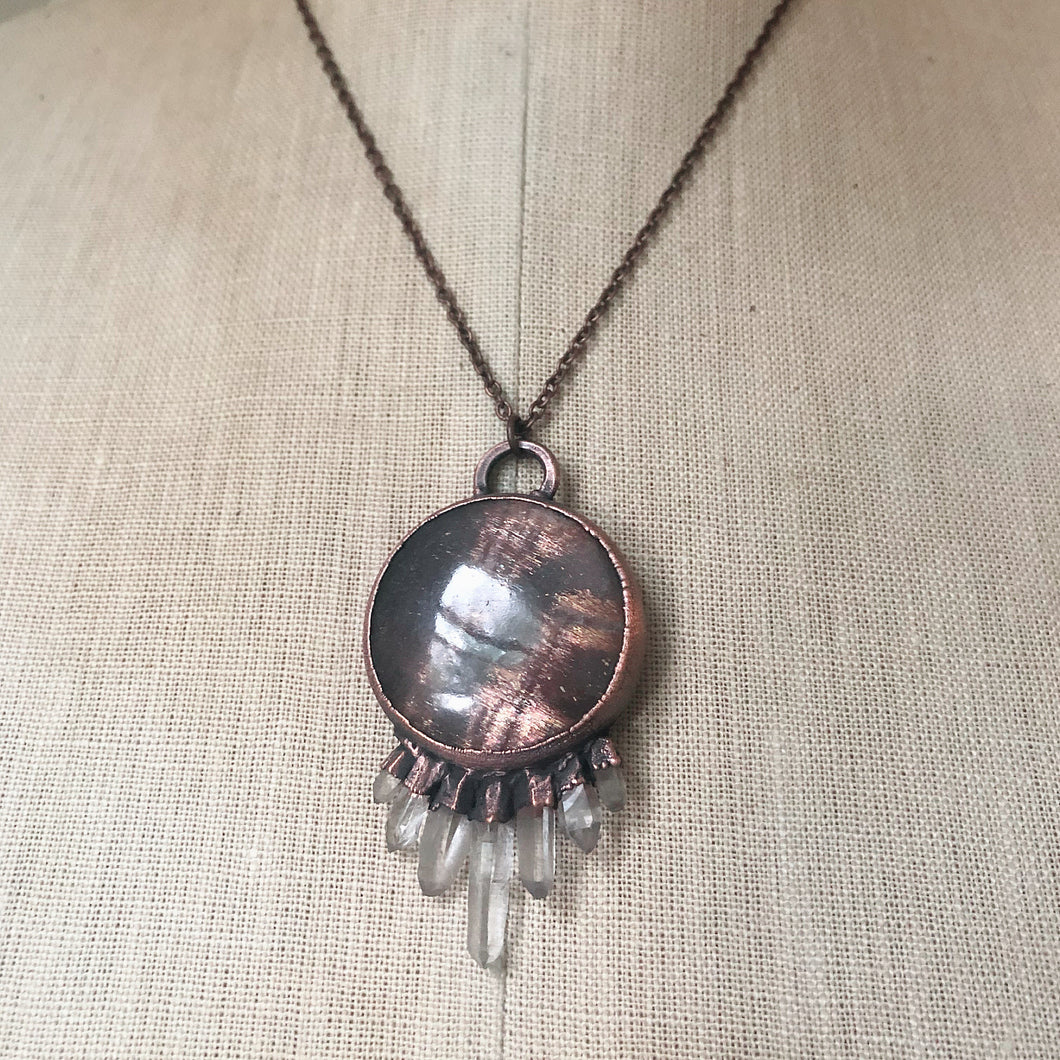 Round Sunstone & Clear Quartz Necklace #2- Ready to Ship