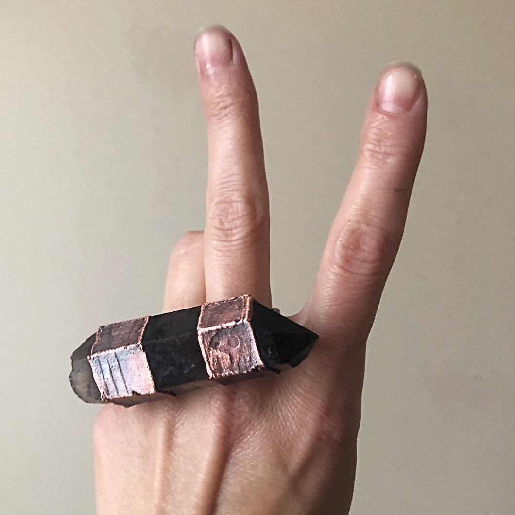 Raw Smoky Quartz Point Two Finger Ring - (Super Blood Wolf Moon)