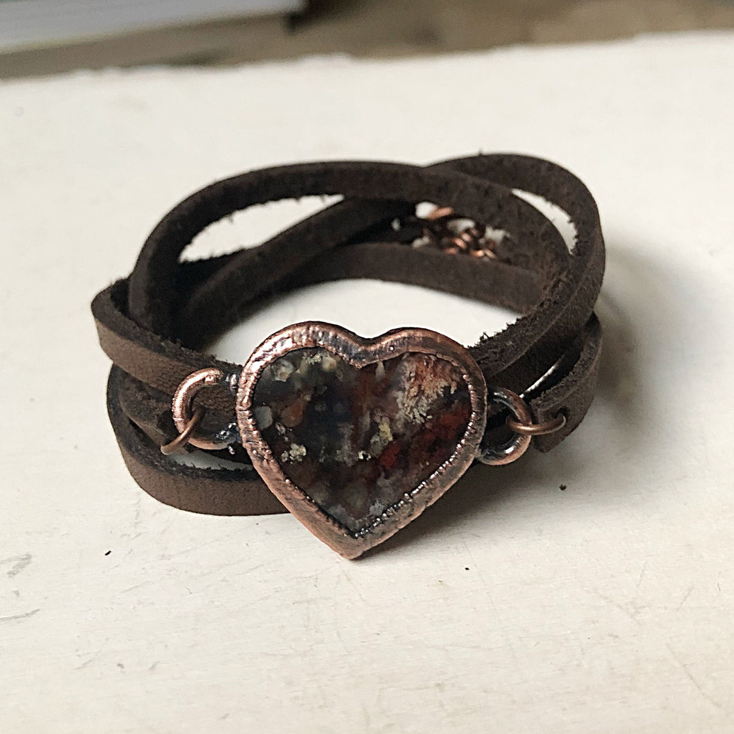 Heart Moss Agate and Leather Wrap Bracelet/Choker #2 - Ready to Ship