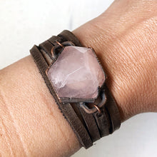 Load image into Gallery viewer, Rose Quartz Hexagon and Leather Wrap Bracelet/Choker (Flower Moon Collection)
