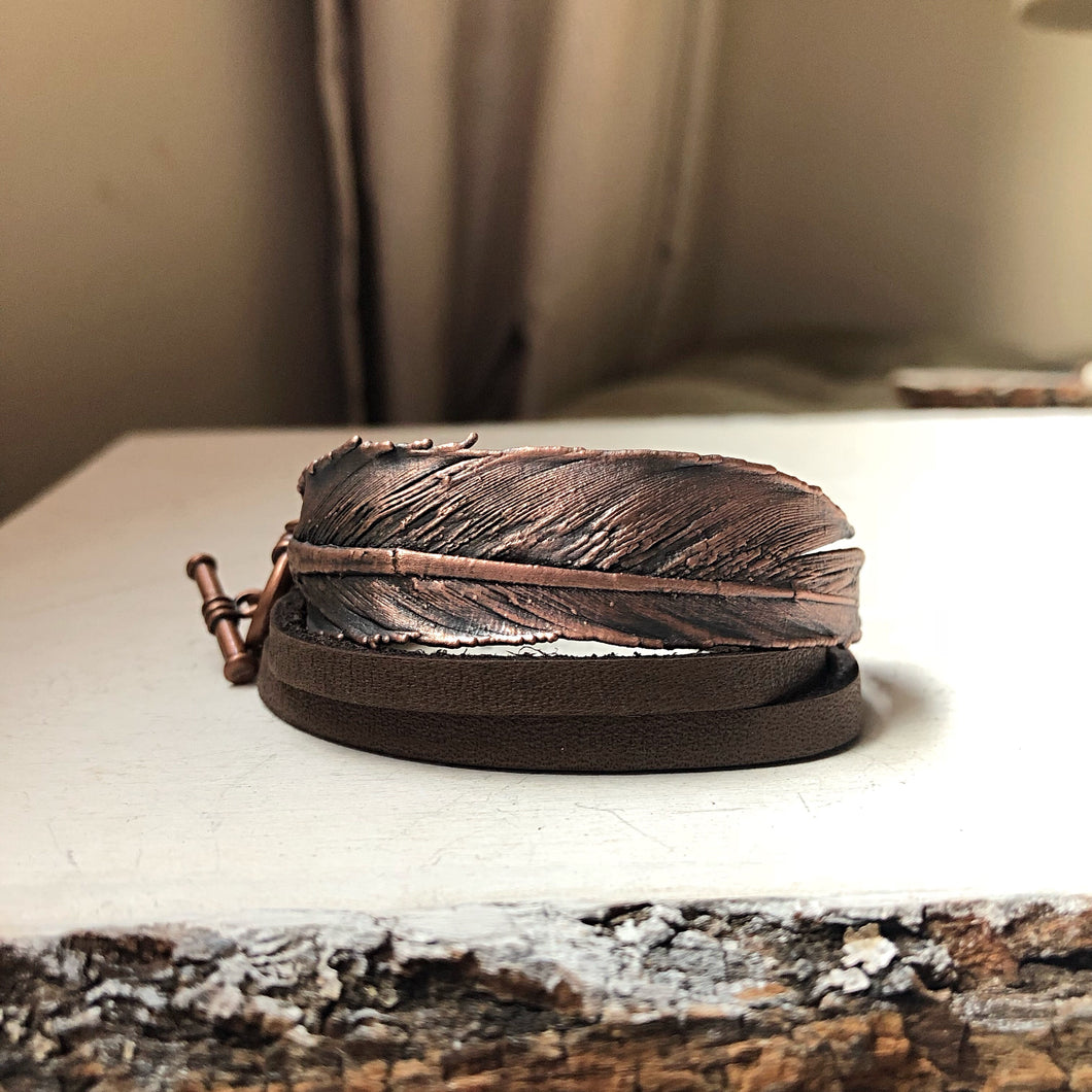 Electroformed Feather and Leather Wrap Bracelet - Ready to Ship